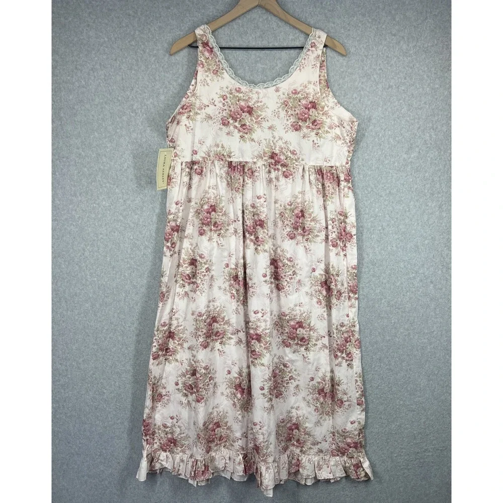 Laura Ashley Nightgown Women L Rose Tea Pink Floral Cotton Lace Trim Vintage NWT